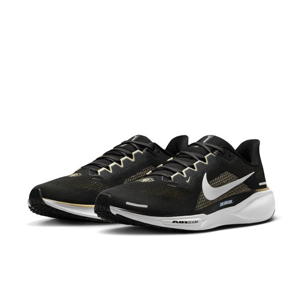 Angled front view of black Nike Air Zoom running shoes with white Swoosh, CU Buffaloes logo on toes, and “Colorado” text on midsole